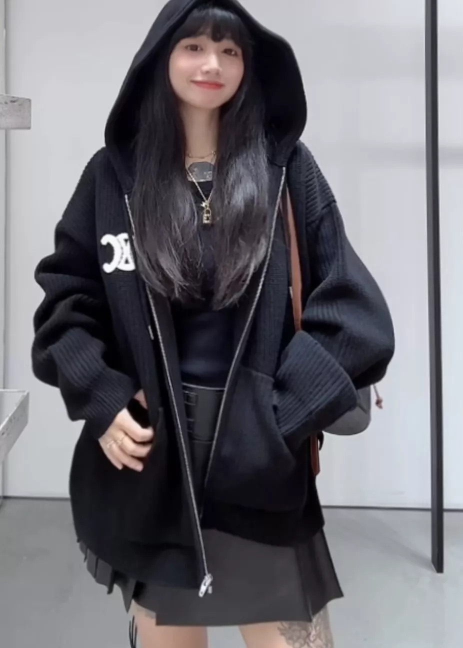 셀린느 로고 패치 리브 울 후드 집업 니트 아우터 상세 이미지 28