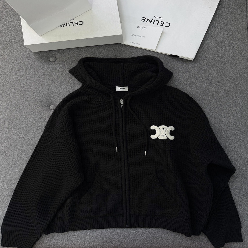 셀린느 로고 패치 리브 울 후드 집업 니트 아우터