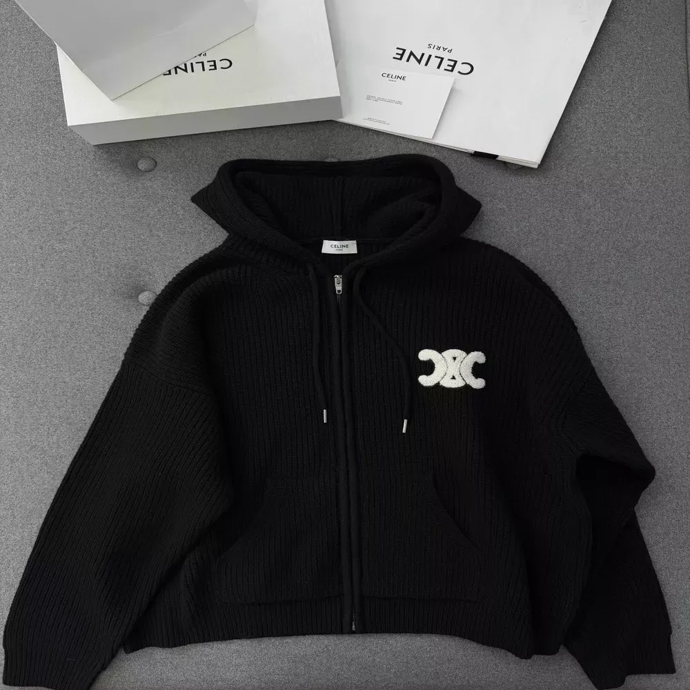 셀린느 로고 패치 리브 울 후드 집업 니트 아우터