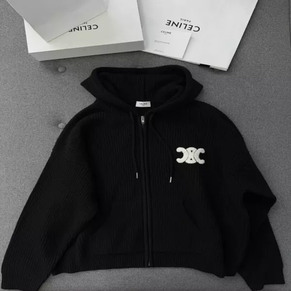 셀린느 로고 패치 리브 울 후드 집업 니트 아우터