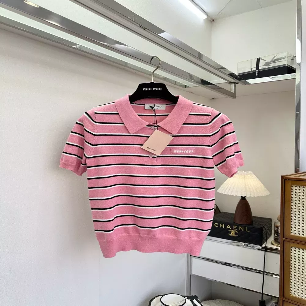 미우미우 핑크 화이트 스트라이프 니트 폴로 탑