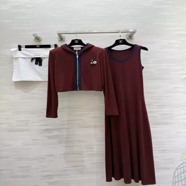 샤넬 후드 집업 가디건 및 슬리브리스 롱 원피스 2종 세트