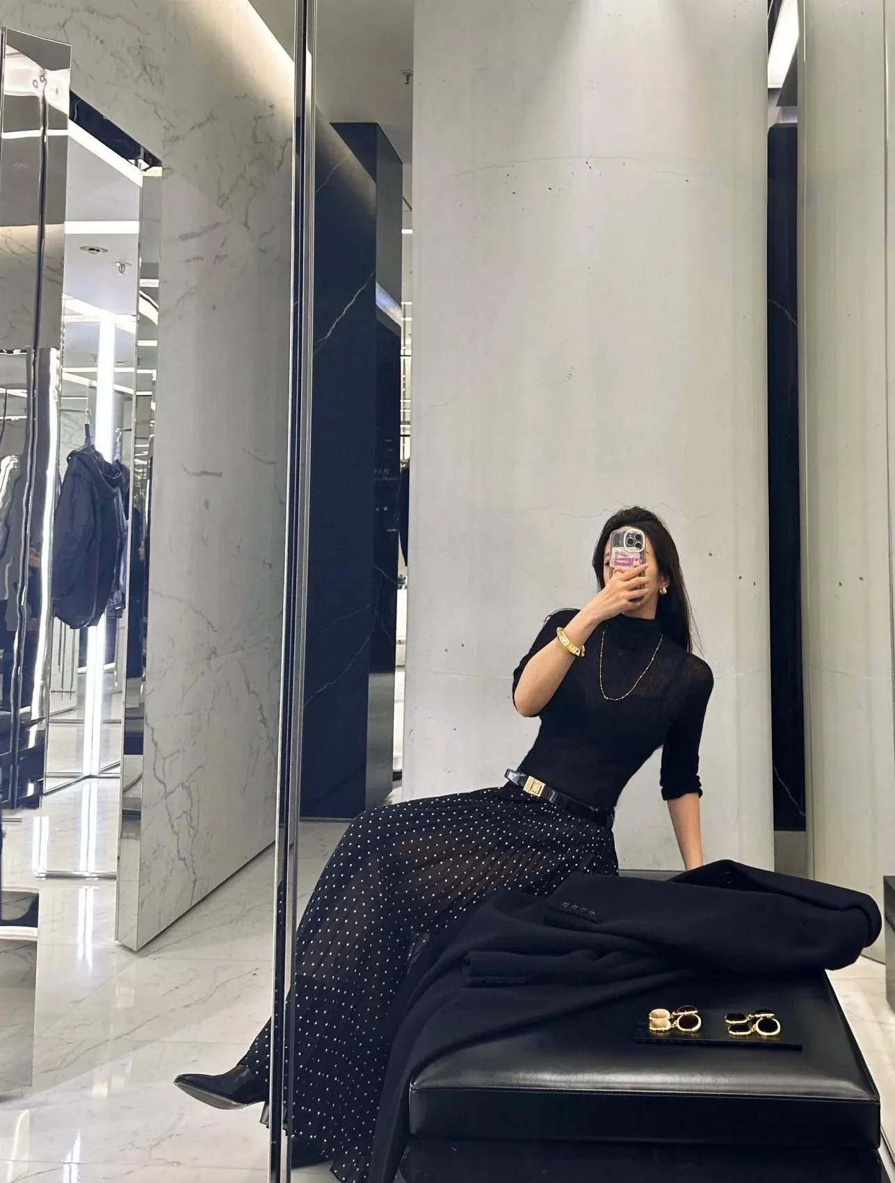 생로랑 도트 플리츠 아코디언 롱 스커트 상세 이미지 14