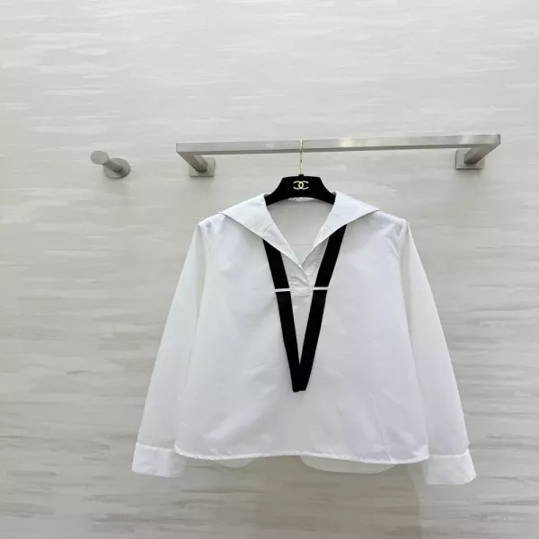 포츠 세일러 카라 블랙 타이 디테일 코튼 셔츠