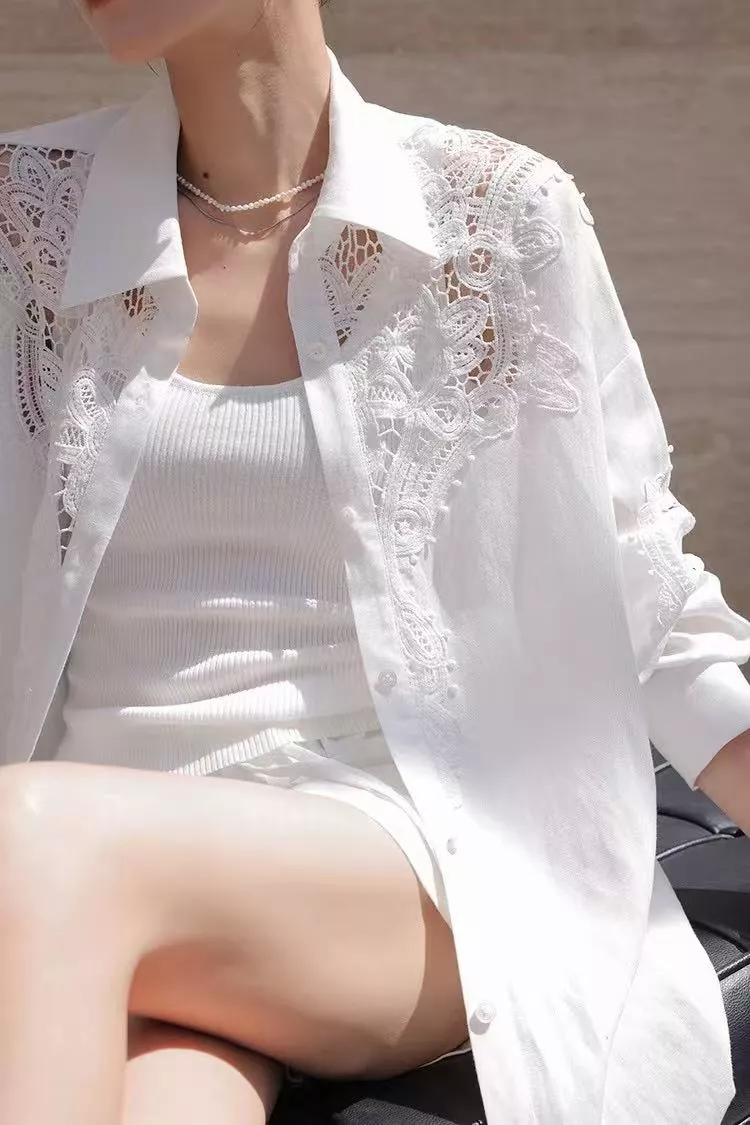 에르마노설비노 화이트 린넨 레이스 자수 카라 셔츠 상세 이미지 15