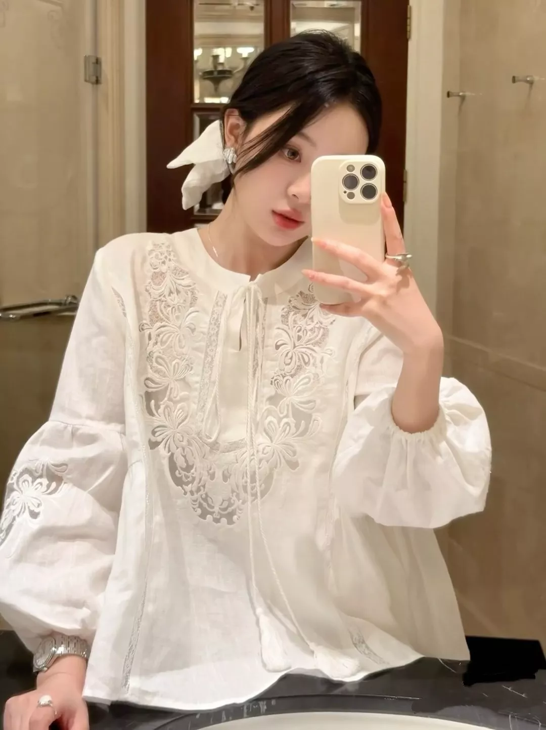 에르마노설비노 린넨 레이스 자수 태슬 타이 블라우스 상세 이미지 10