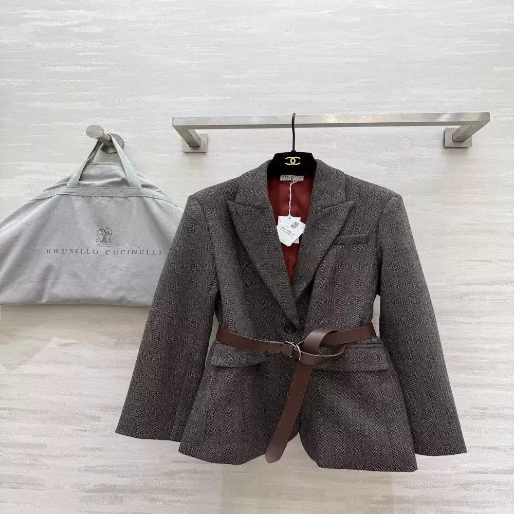 브루넬로쿠치넬리 울 혼방 헤링본 벨트 싱글 재킷