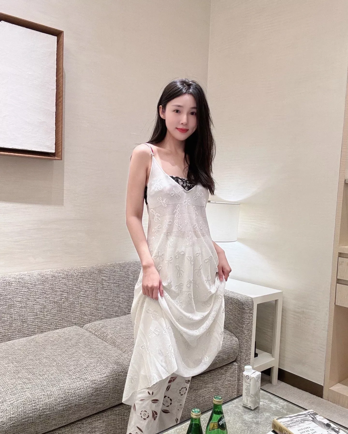 샤넬 스톤장식 리본 자카드 자수 레이스 슬립 원피스 상세 이미지 10