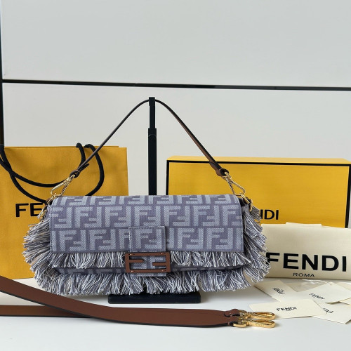 펜디 FF 데님 자카드 프린지 플랩 바게트 백
