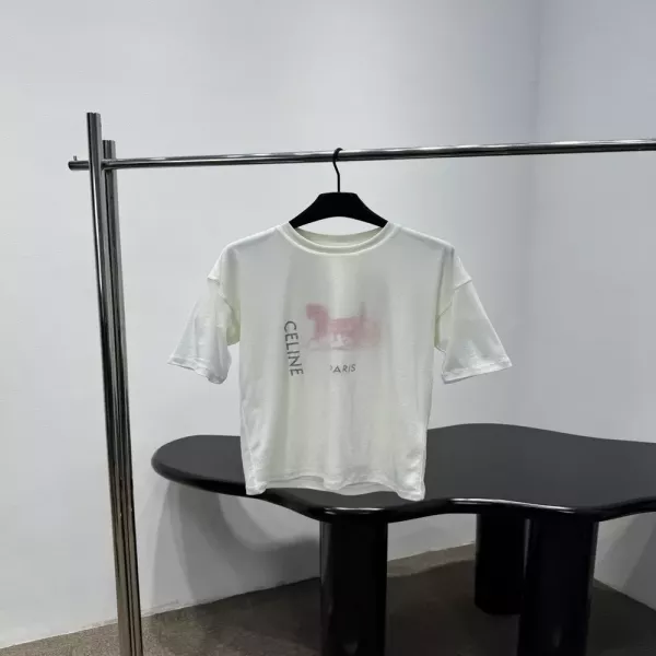 셀린느 로고 마차 프린트 더블 레이어 코튼 라운드넥 티셔츠
