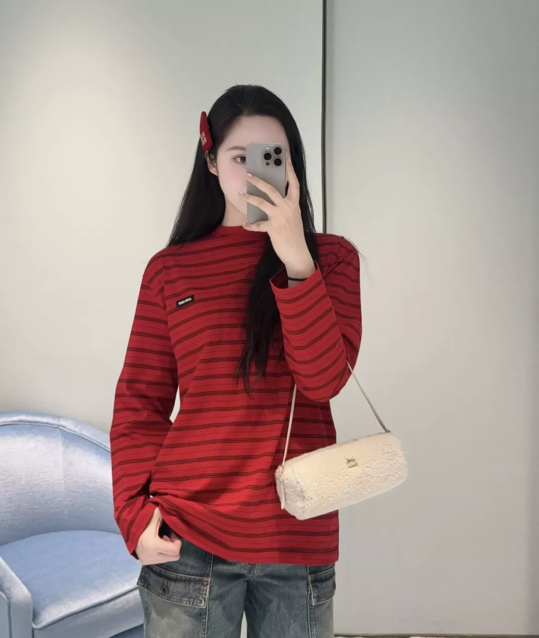 미우미우 신년 스트라이프 코튼 긴소매 티셔츠 상세 이미지 21