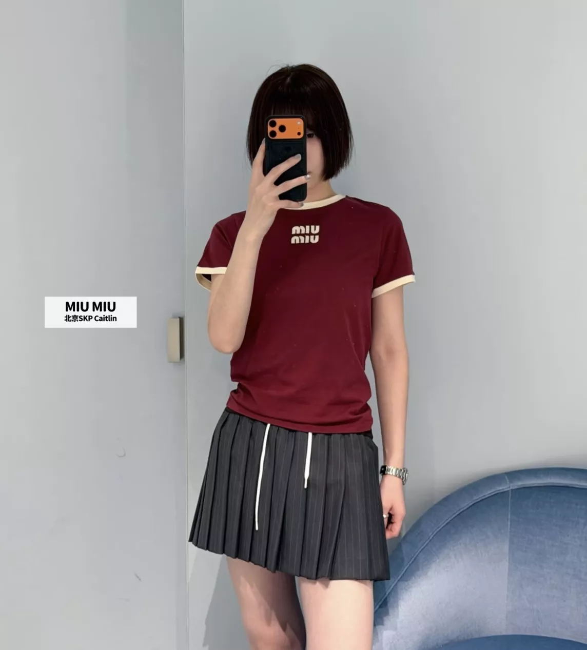 미우미우 로고 패치 자수 배색 트림 코튼 라운드넥 티셔츠 상세 이미지 25