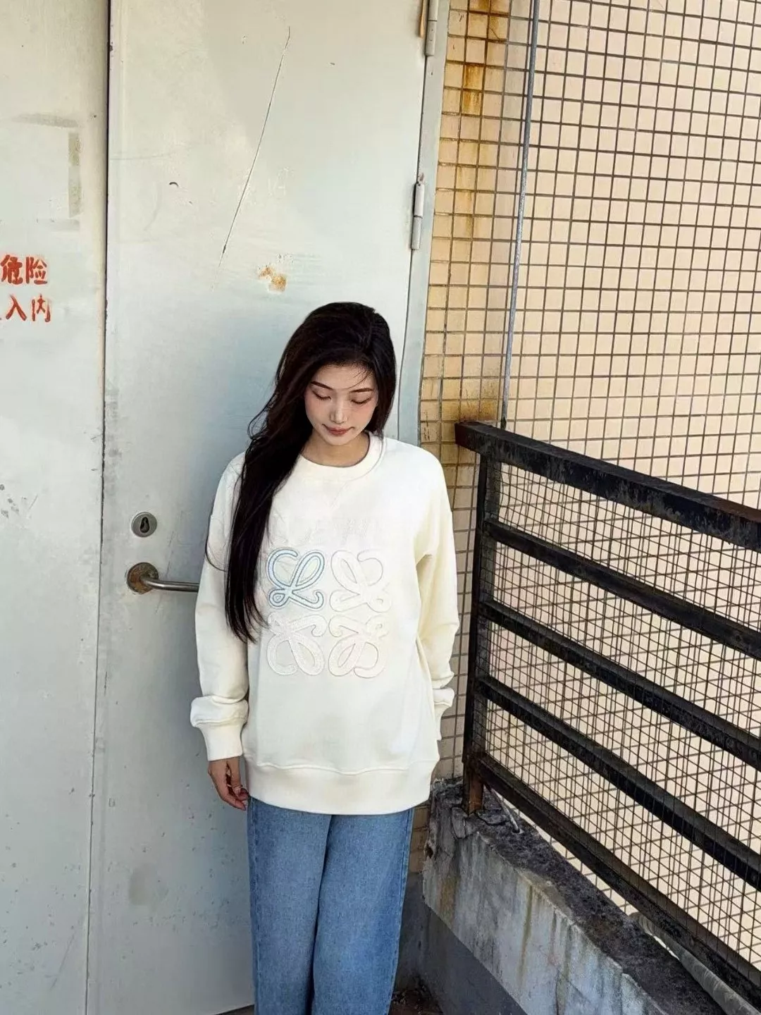 로에베 25FW 대비 컬러 레터 패치 로고 크루넥 스웨트셔츠 상세 이미지 14