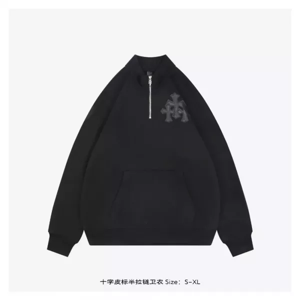 크롬하츠 십자가 가죽 패치 하프집업 스웨트셔츠