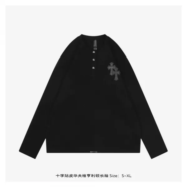 크롬하츠 십자 가죽 패치 와플 헨리넥 긴소매