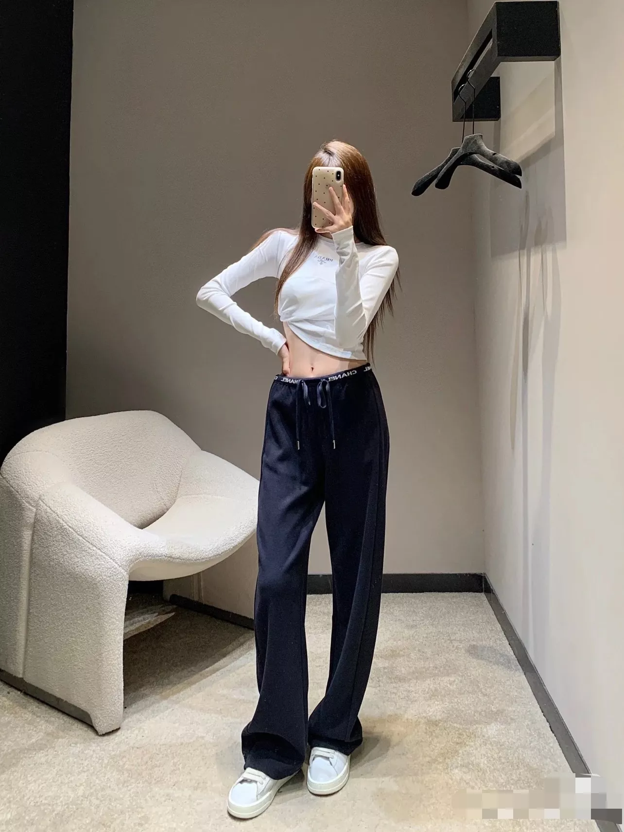 샤넬 로고 웨이스트밴드 드로스트링 기모 와이드 팬츠 상세 이미지 19