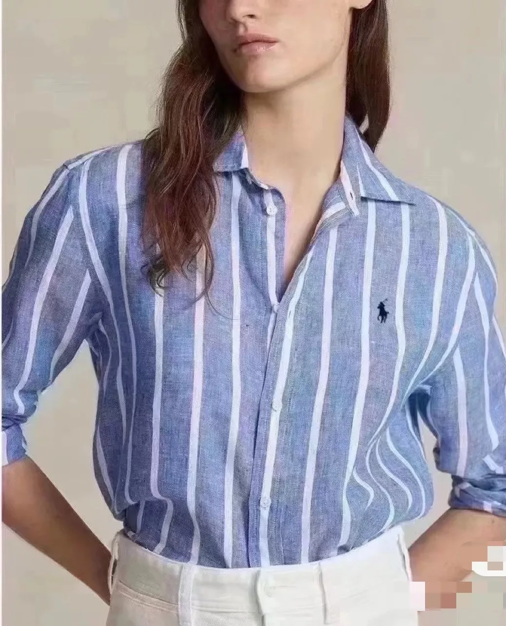 랄프로렌 블루 화이트 스트라이프 린넨 혼방 포니 자수 셔츠 상세 이미지 21