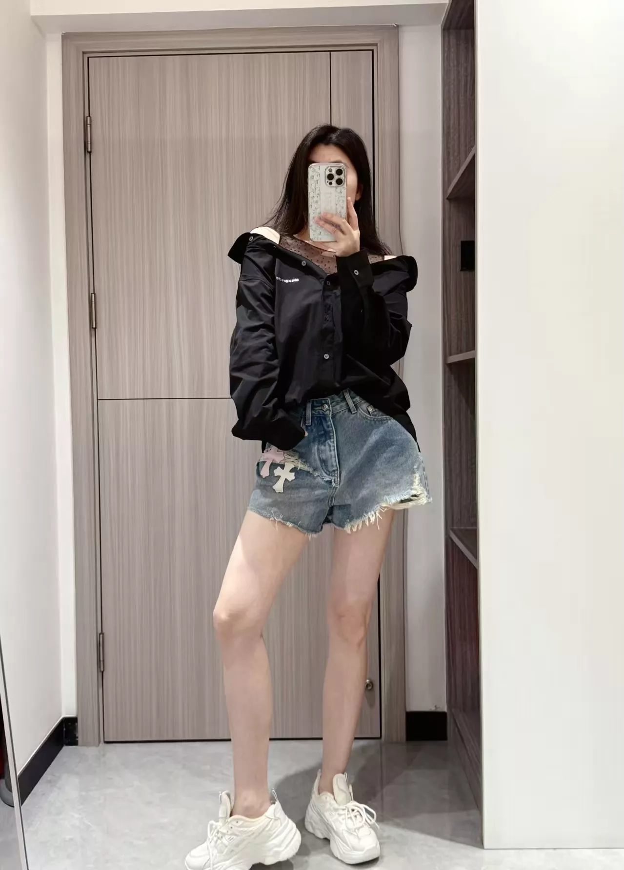 우마왕 큐빅 메쉬 레이어드 오프숄더 셔츠 상세 이미지 71