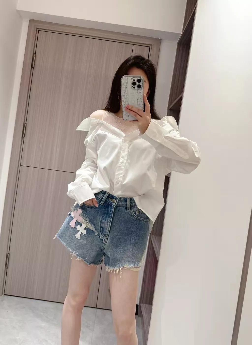 우마왕 큐빅 메쉬 레이어드 오프숄더 셔츠 상세 이미지 58