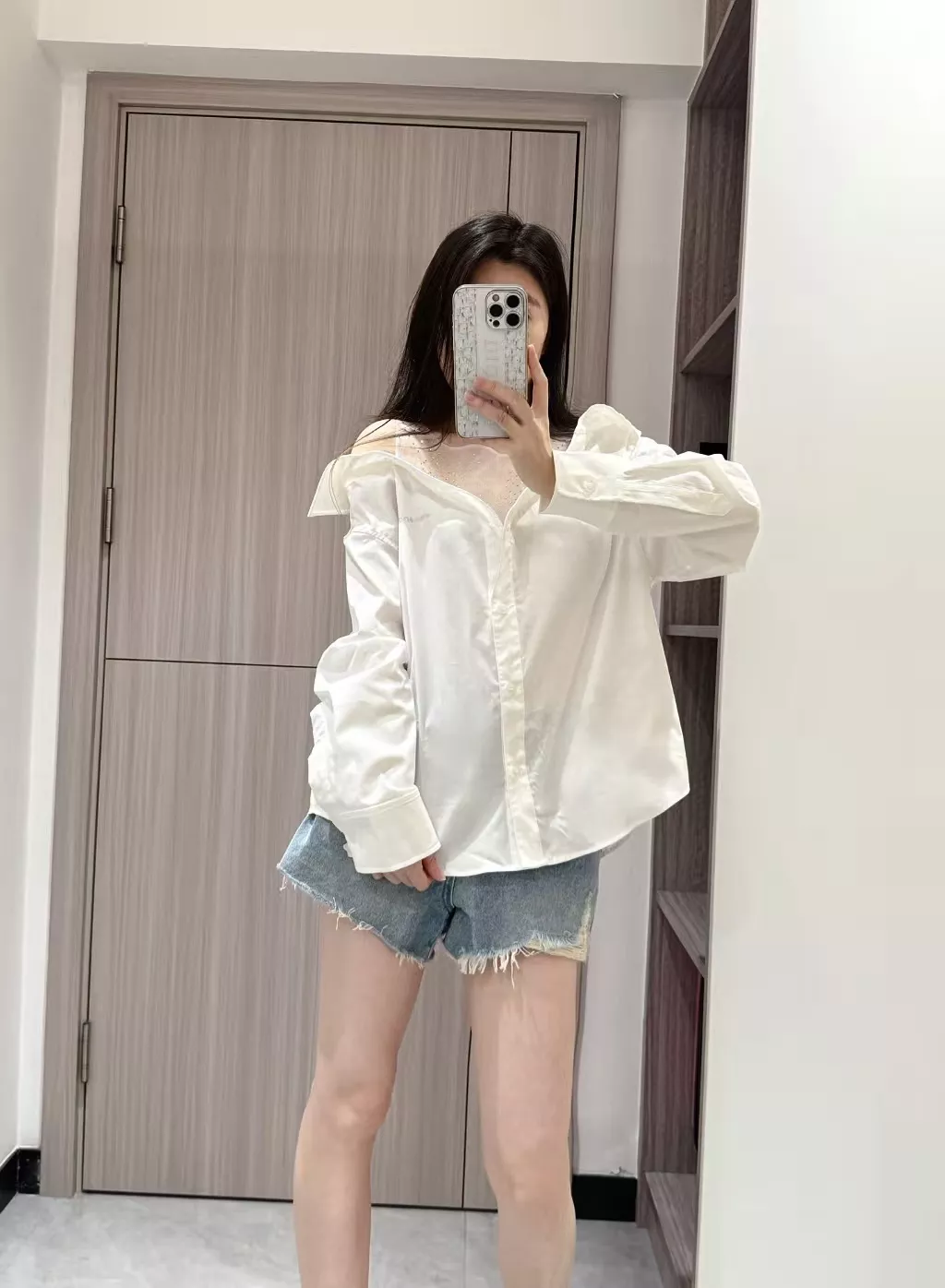 우마왕 큐빅 메쉬 레이어드 오프숄더 셔츠 상세 이미지 61