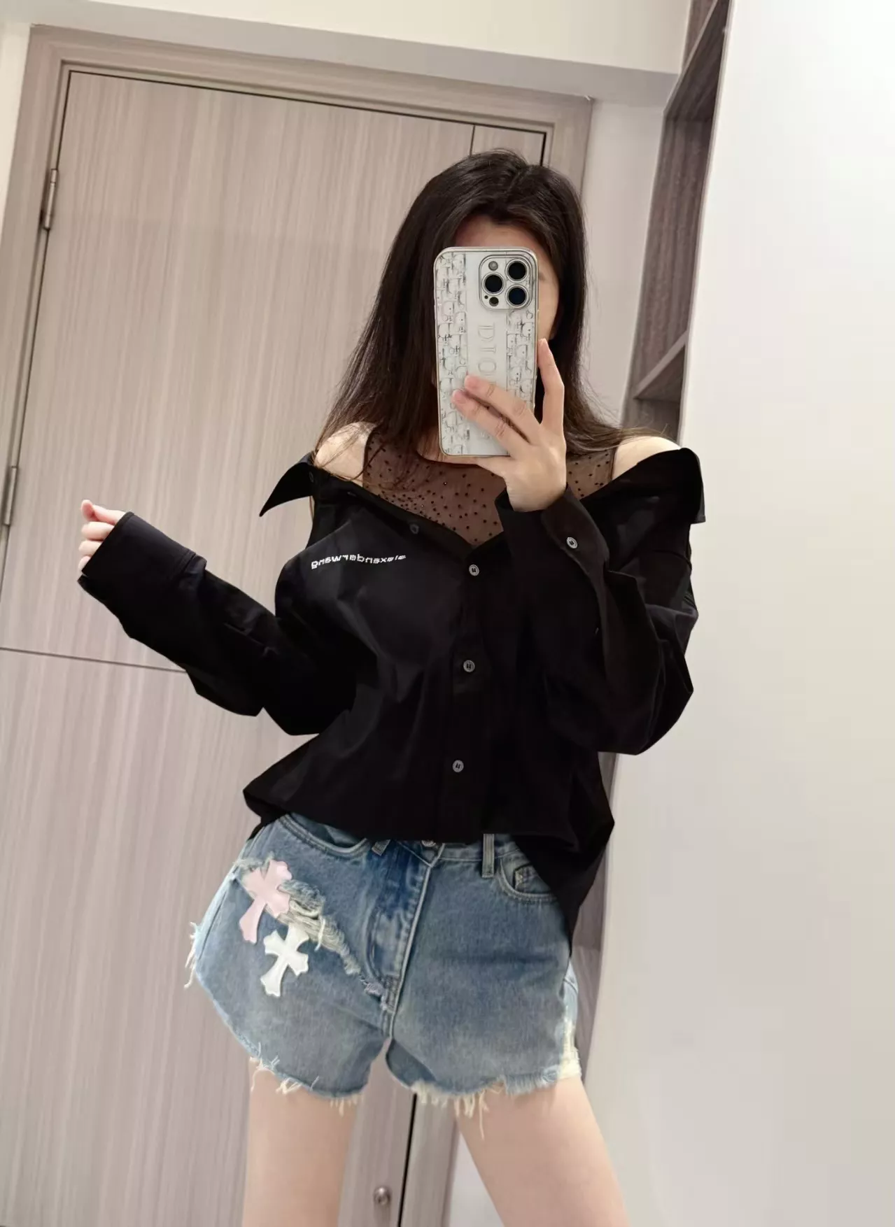 우마왕 큐빅 메쉬 레이어드 오프숄더 셔츠 상세 이미지 64