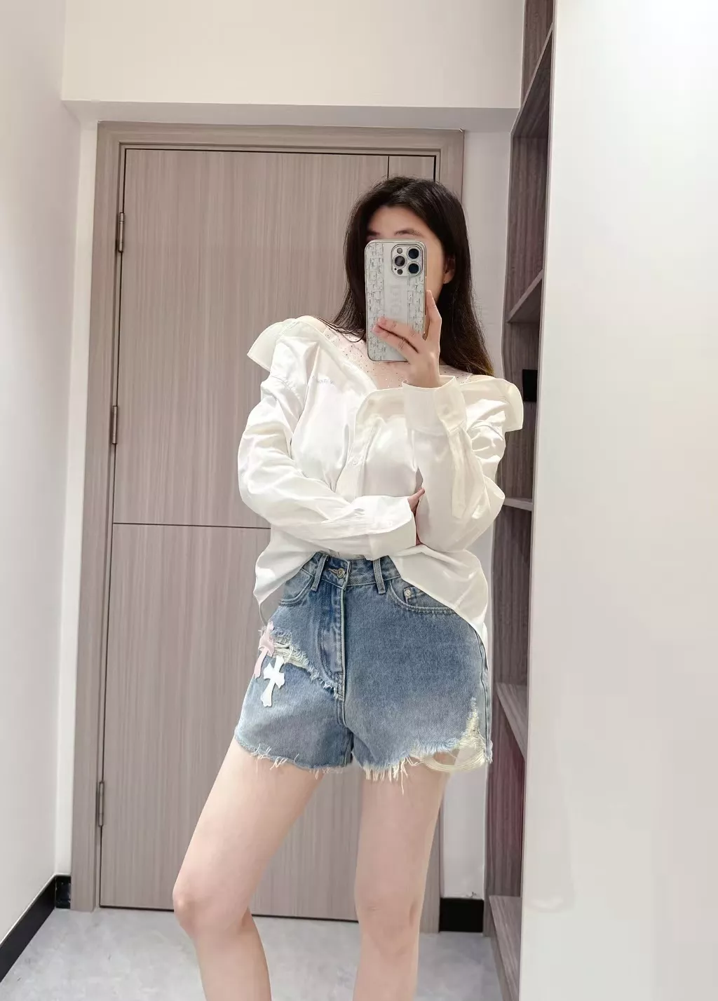 우마왕 큐빅 메쉬 레이어드 오프숄더 셔츠 상세 이미지 60