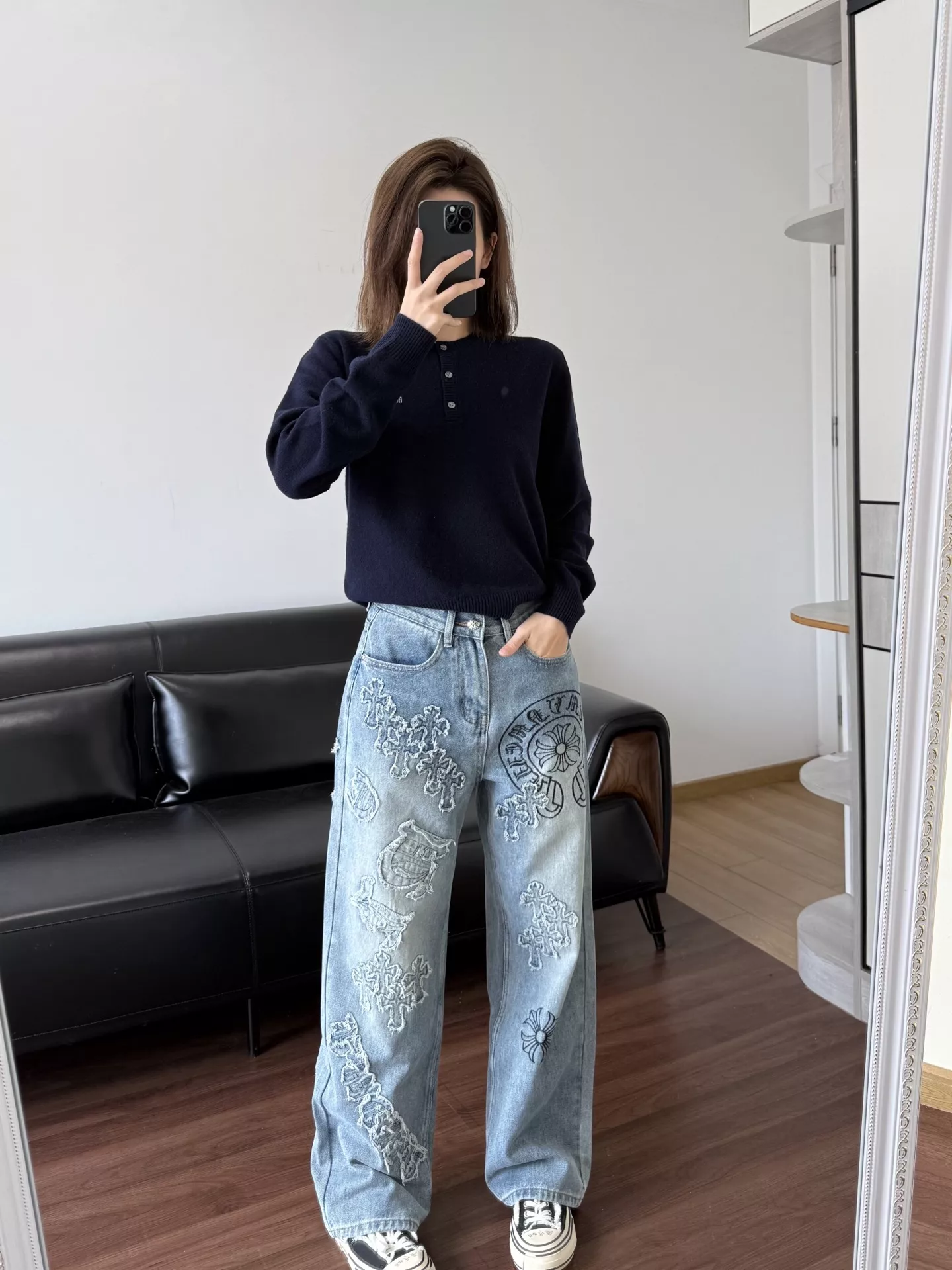 크롬하츠 프린트 자수 워싱 스트레이트 데님 팬츠 상세 이미지 35
