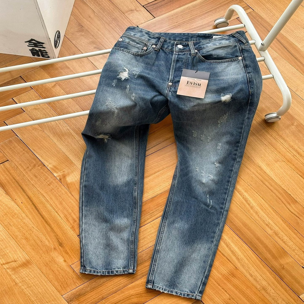 에비수 빈티지 워싱 디스트로이드 스트레이트 데님 팬츠