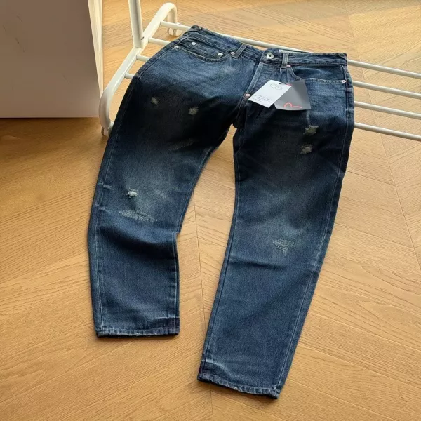 에비수 빈티지 워싱 디스트로이드 스트레이트 데님 팬츠