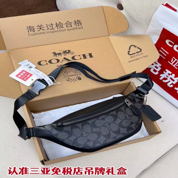 코치 시그니처 패턴 마차 로고 레더 태그 남성 벨트백 스몰