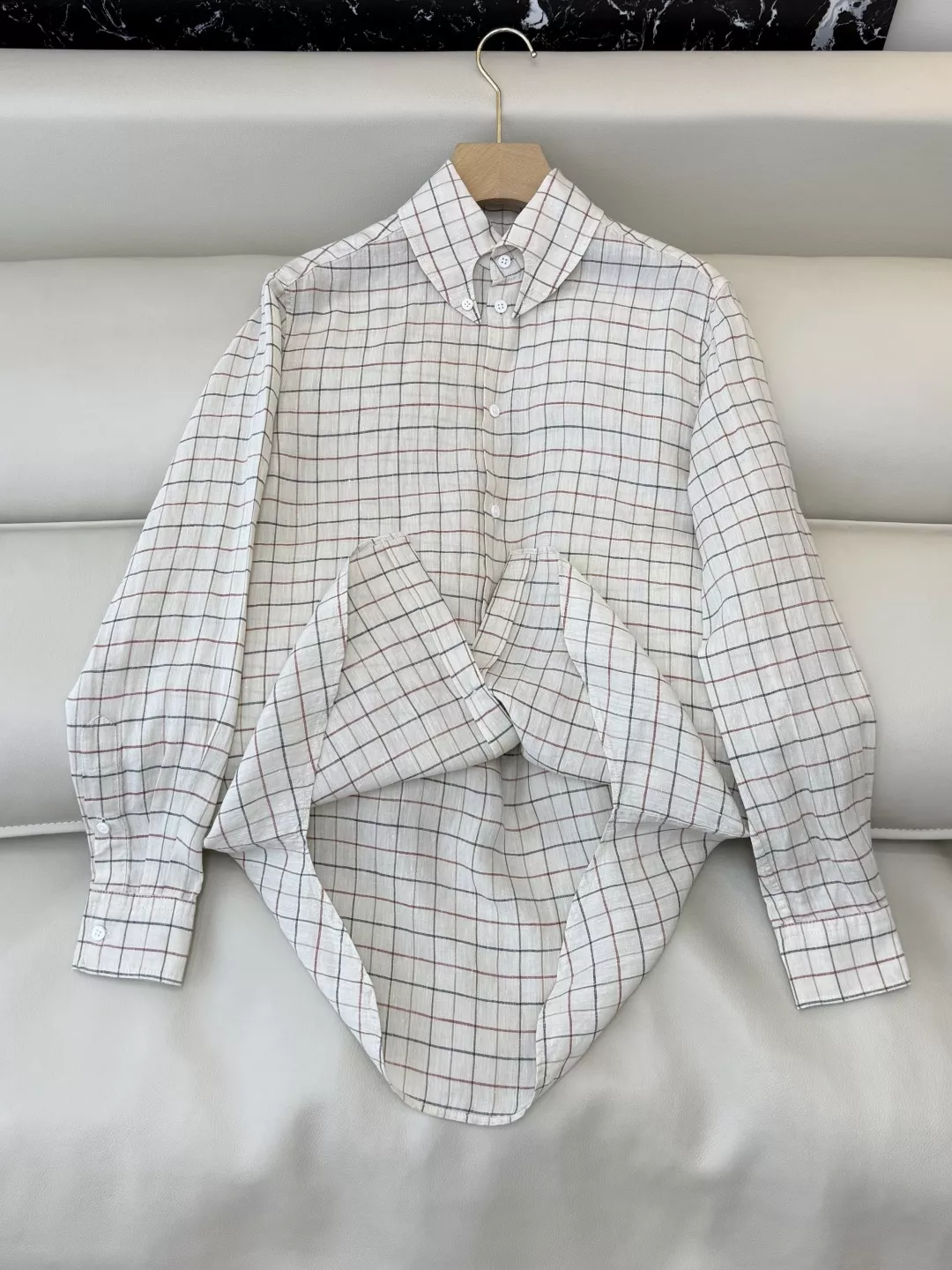 로로피아나 린넨 체크 패턴 카라 버튼 셔츠 상세 이미지 3