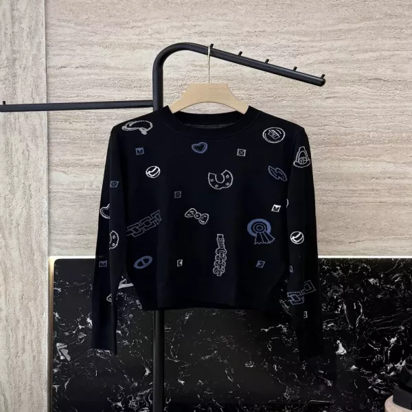 에르메스 자수 카툰 패턴 울 혼방 라운드 니트