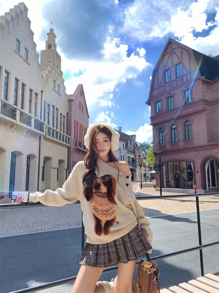 노브랜드 카툰 퍼피 입체 패치 사선 버튼 니트 상세 이미지 31