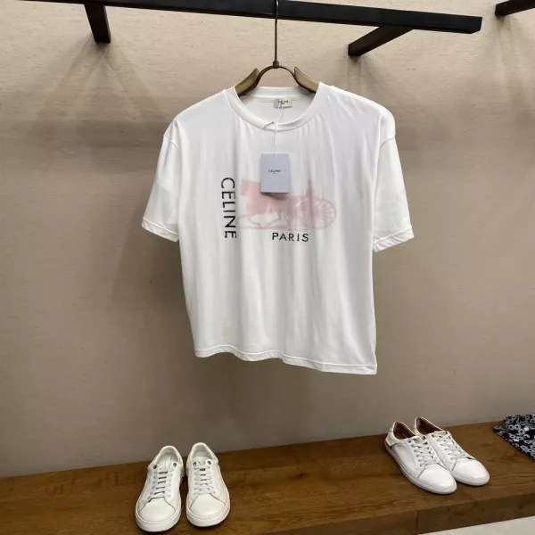 셀린느 레드 마차 프린트 더블 레이어 코튼 반팔 티셔츠
