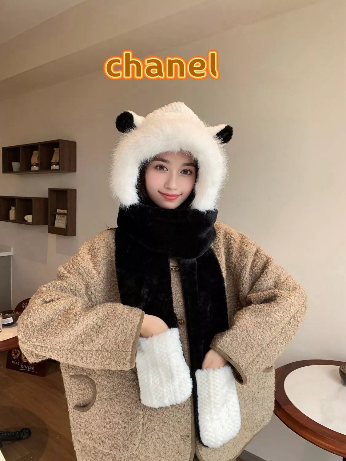 샤넬 체인 로고 퍼 후드 스카프 세트 상세 이미지 1