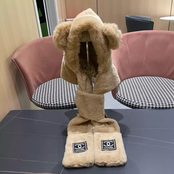 샤넬 퍼 후드 일체형 목도리장갑 세트