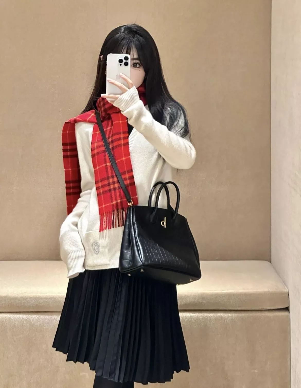 버버리 레드 체크 슬림 캐시미어 스카프 상세 이미지 18