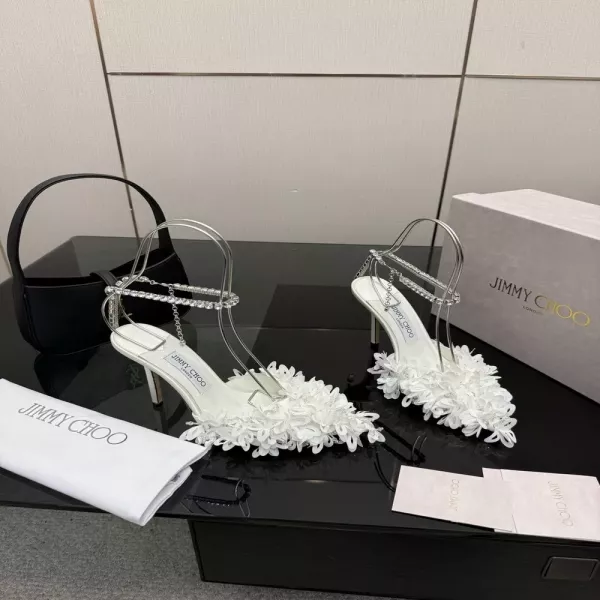 지미추 크리스탈 체인 레이스 플라워 스트랩 힐 샌들