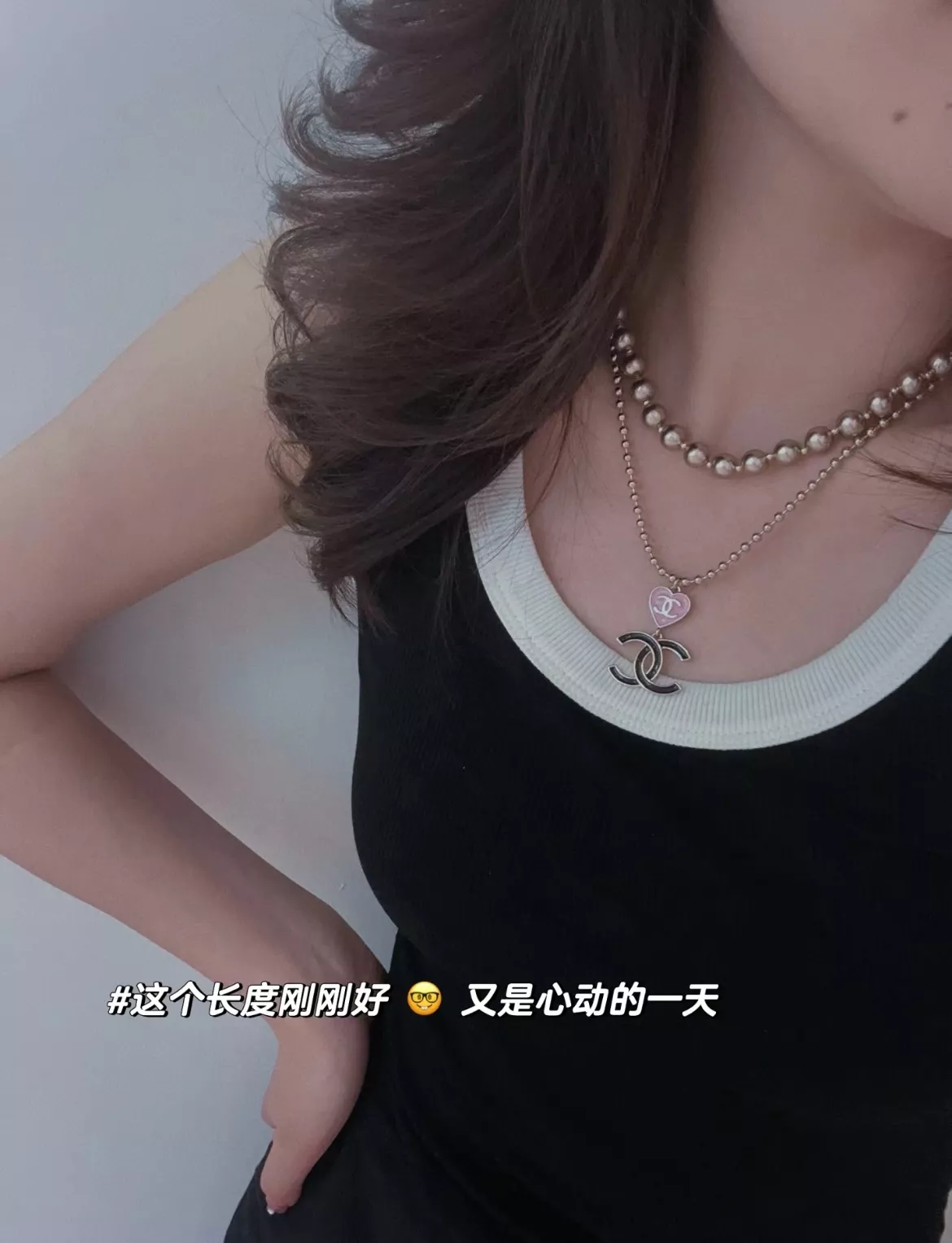 샤넬 핑크 하트 블랙 에나멜 더블C 펜던트 비드 체인 네크리스 상세 이미지 13
