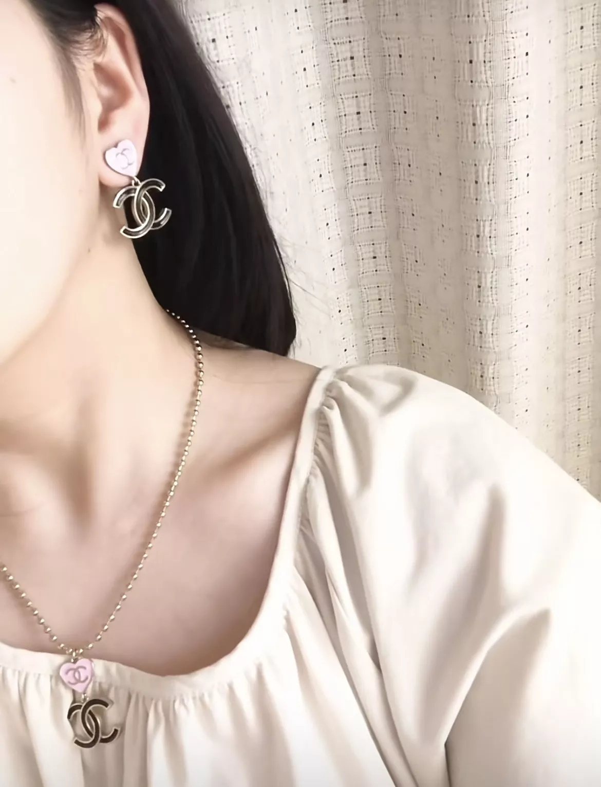 샤넬 핑크 하트 블랙 에나멜 더블C 펜던트 비드 체인 네크리스 상세 이미지 15