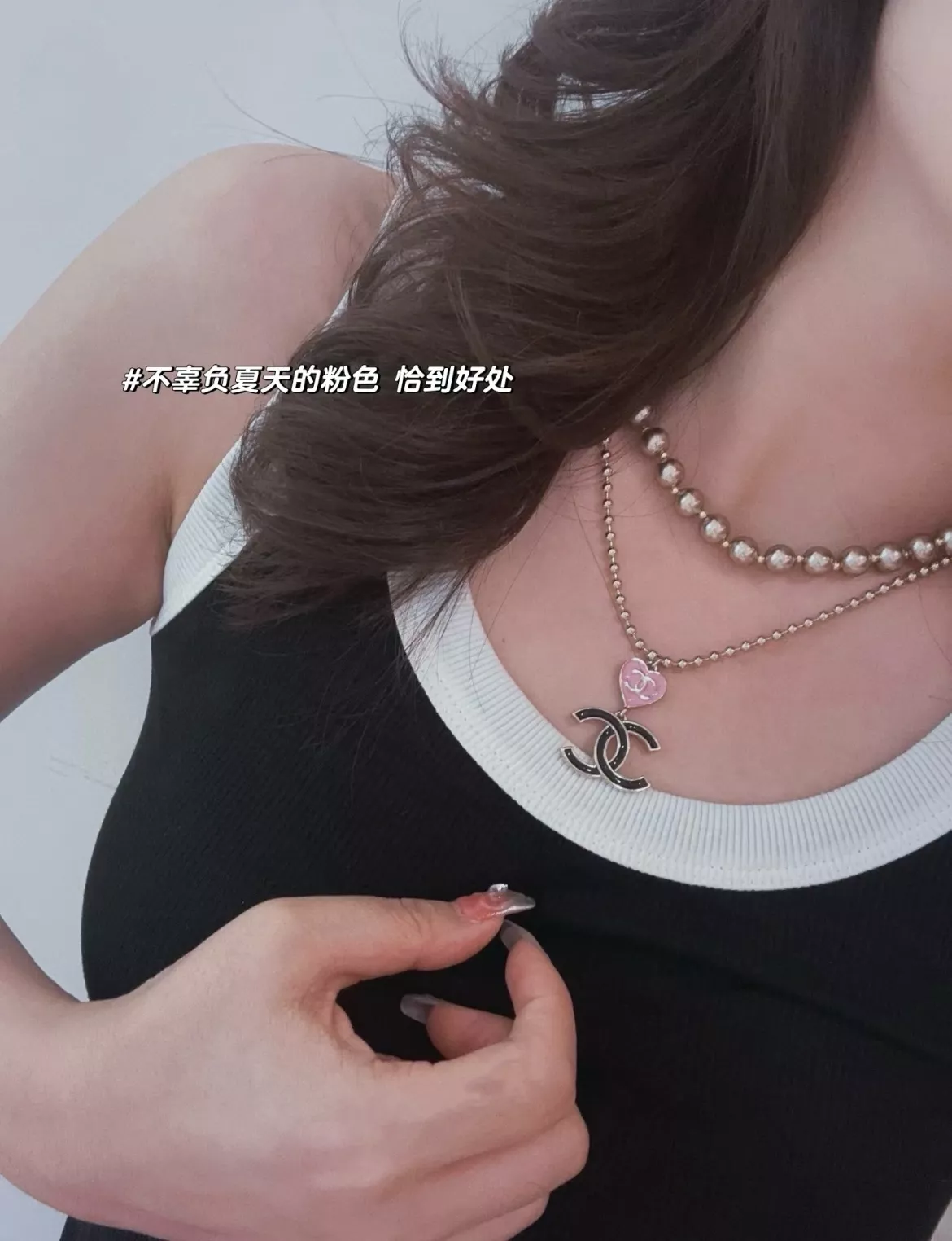 샤넬 핑크 하트 블랙 에나멜 더블C 펜던트 비드 체인 네크리스 상세 이미지 10