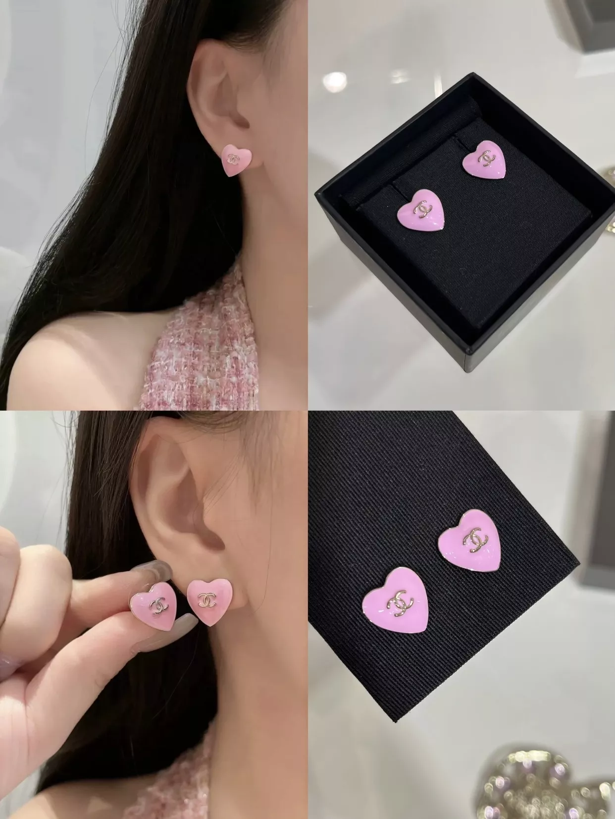샤넬 핑크 에나멜 하트 더블C 미니 스터드 상세 이미지 6