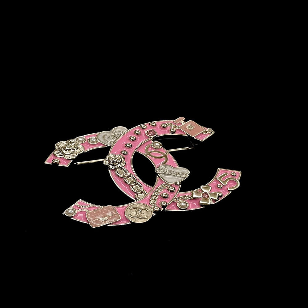 샤넬 핑크 에나멜 더블C 큐빅 멀티참 하트 브로치
