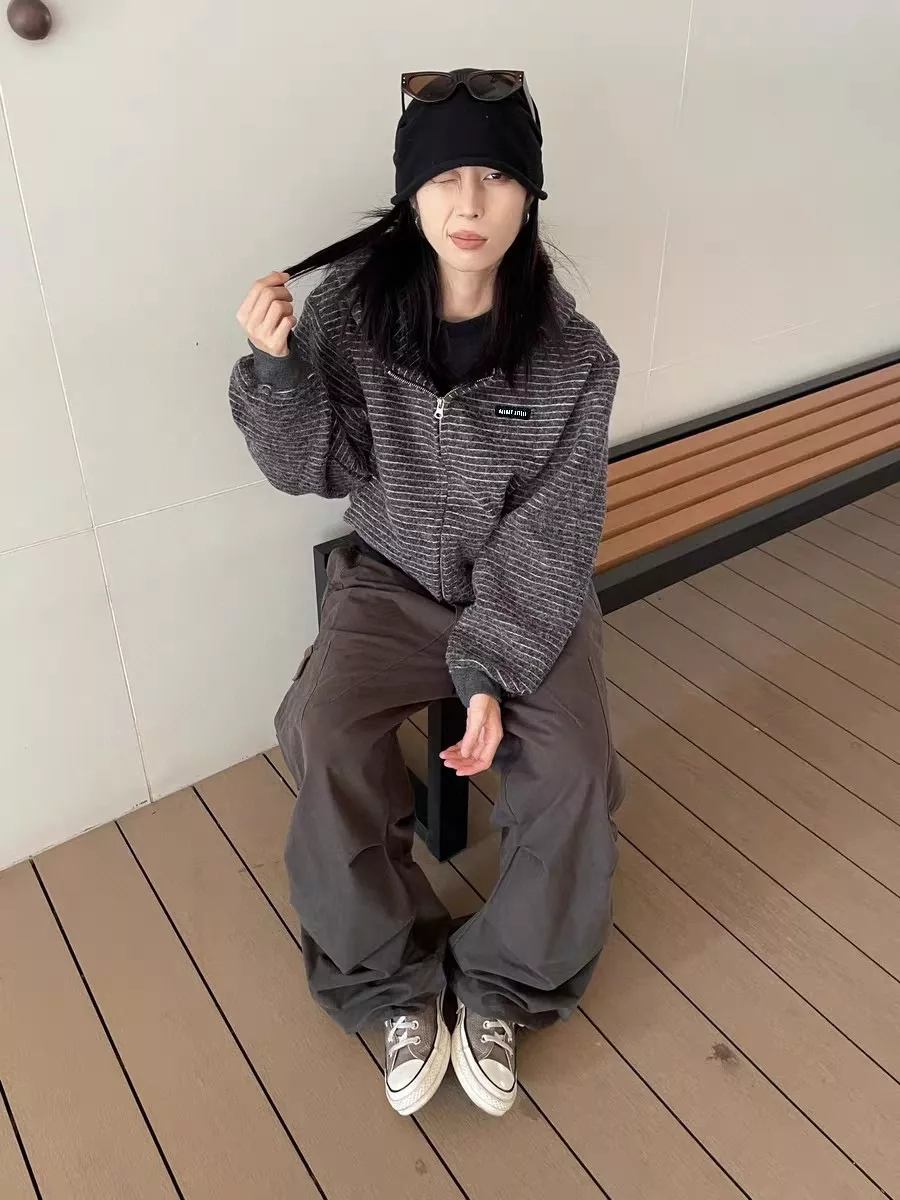 미우미우 스트라이프 후드 집업 재킷 상세 이미지 6
