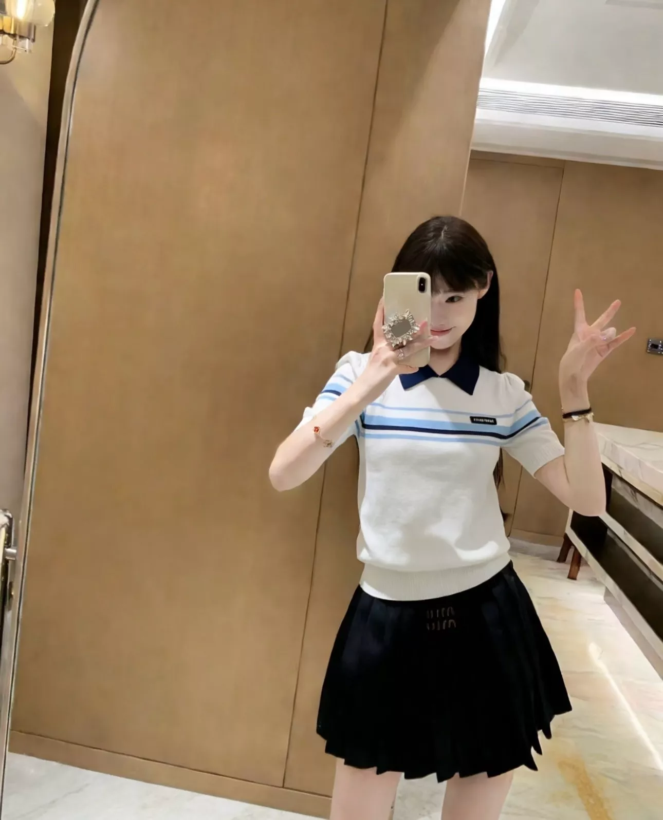 미우미우 배색 카라 스트라이프 반소매 니트 상세 이미지 20
