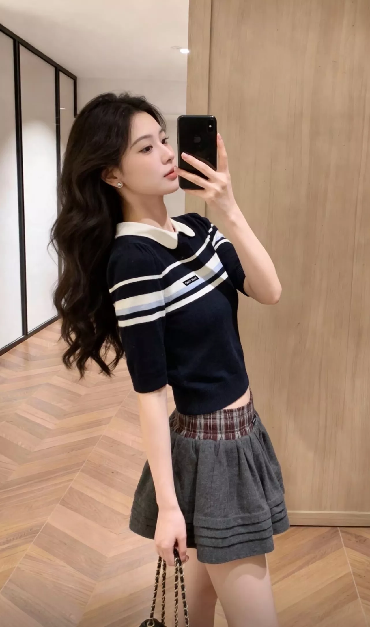 미우미우 배색 카라 스트라이프 반소매 니트 상세 이미지 31