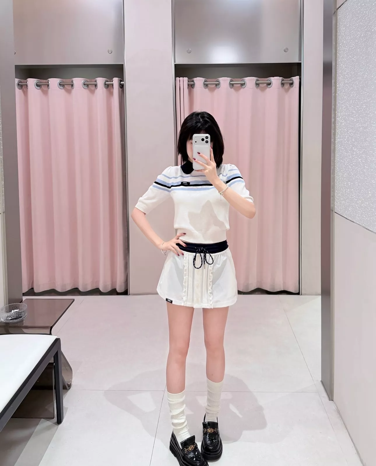 미우미우 배색 카라 스트라이프 반소매 니트 상세 이미지 30