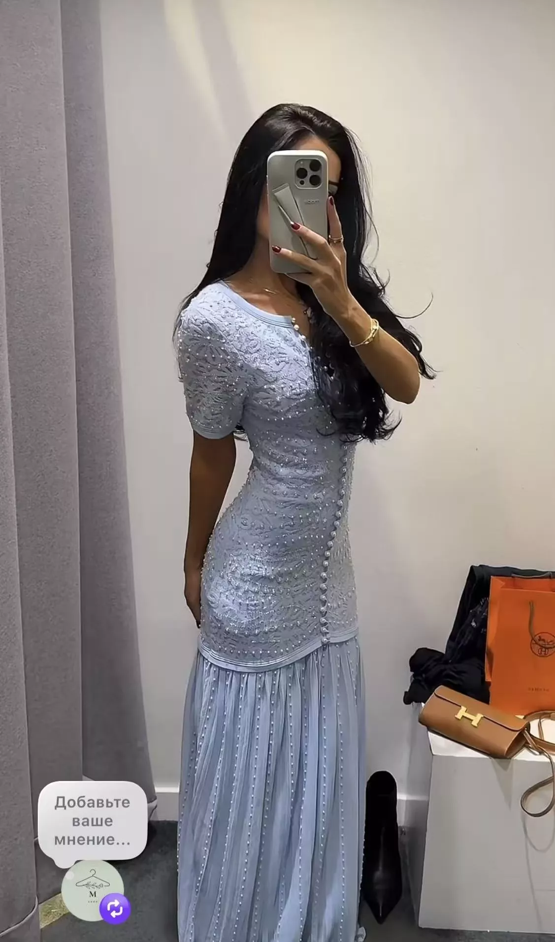 산드로 진주 버튼 펀칭 니트 반소매 롱원피스 상세 이미지 14