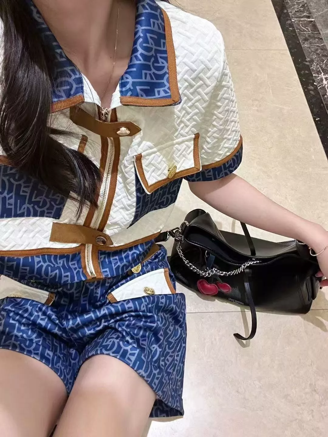 셀린느 자카드 배색 포켓 집업 자켓 반바지 세트 상세 이미지 18