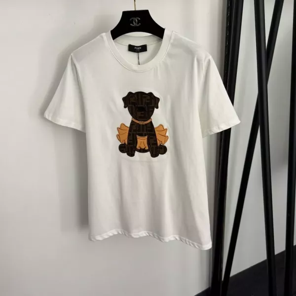 펜디 강아지 자수 패치 코튼 반소매 티셔츠